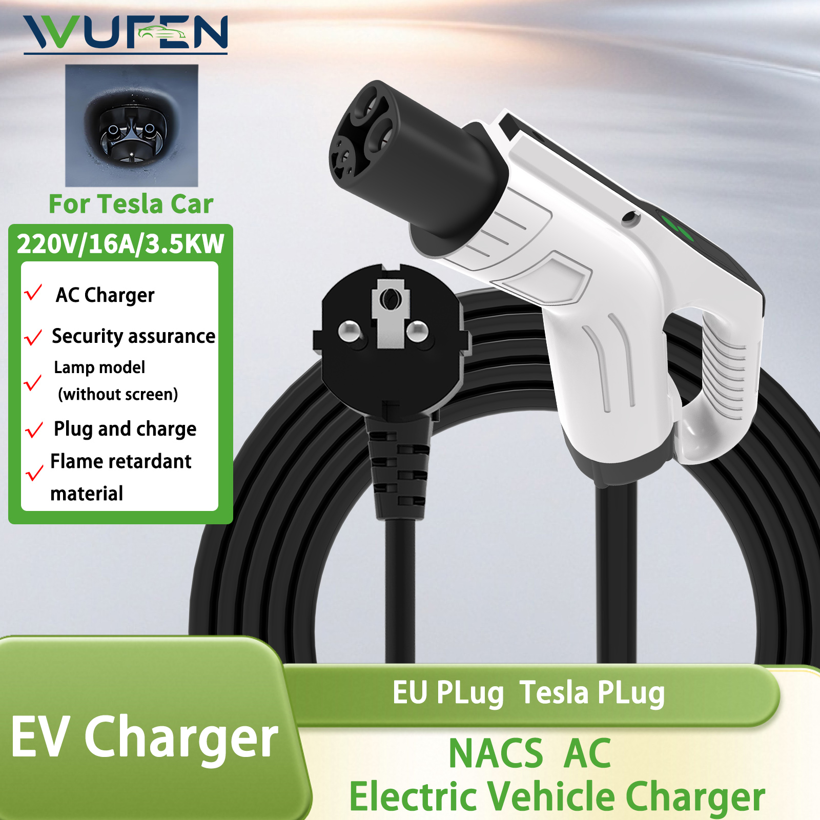 WUFEN 3.5KW 16A ポータブル電気自動車 EV 充電器 1M-5M ケーブル付きテスラ EVSE EU プラグ NACS 充電電気自動車用
