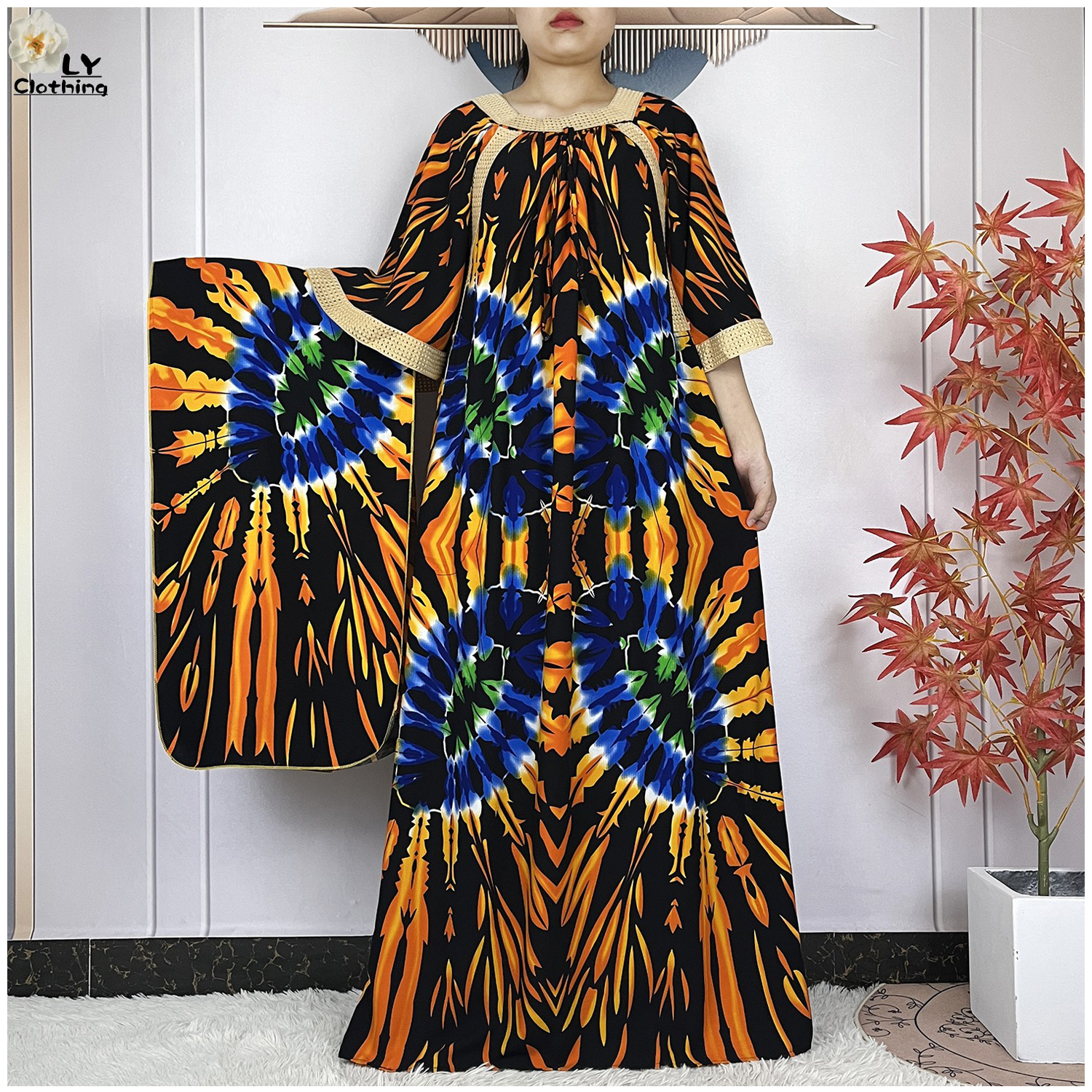 新しいイスラム教徒のドレスの女性半袖 Dashiki アフリカアバヤ絞り染め印刷コットンルーズファムローブイスラムドレススカーフ