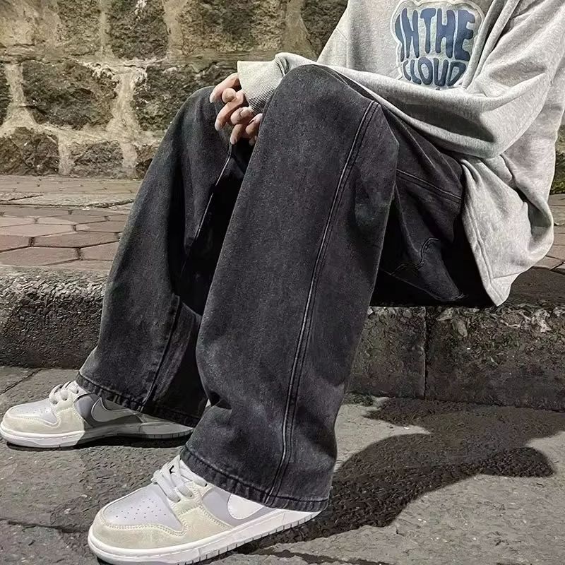 2025 新ストリートルーズジーンズ男性韓国スタイルのファッションルーズストレートワイドレッグパンツメンズブランド服ブラックライトブルー