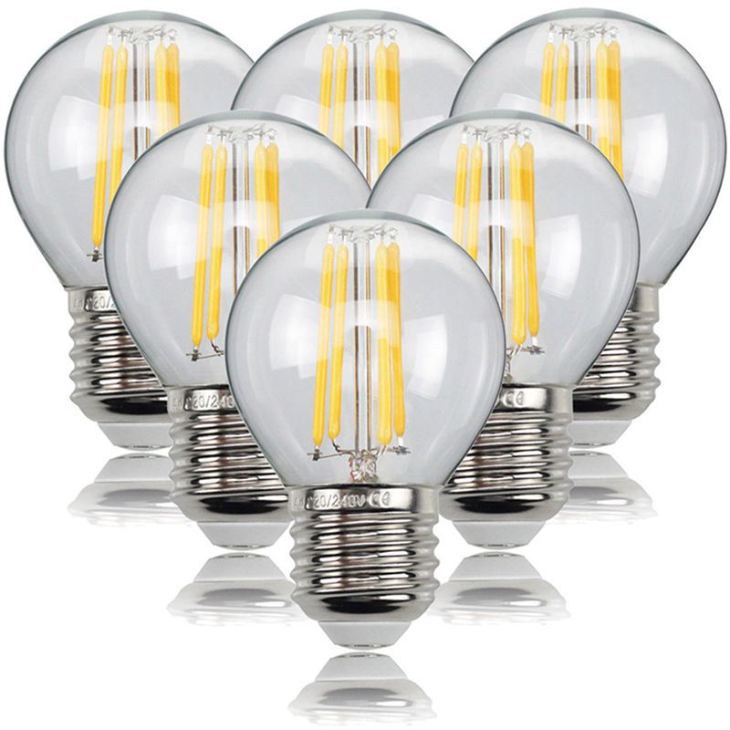 6 ピース/ロット 4 ワット 8 ワット 12 ワット E27 E14 クリア LED ランプ 220v G45 LED 電球ウォーム/コールドホワイトフィラメントエジソングローブボールライト省エネ電球