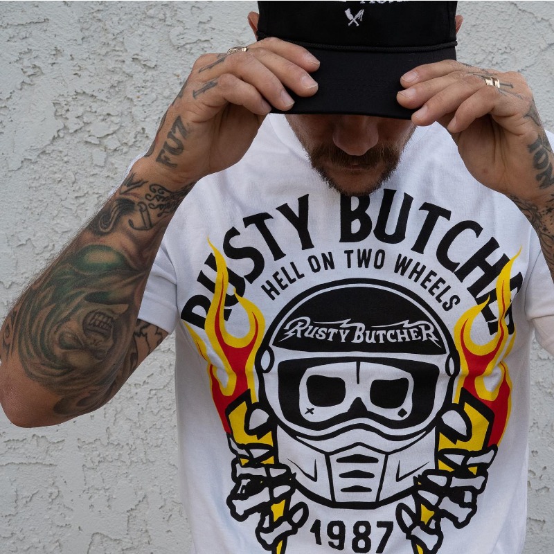 2025 ハーレー Tシャツ RustyButcher バイカー アメリカン ヴィンテージ ライド 西海岸 半袖 グラブ ライトニング トレンド コットン Tシャツ