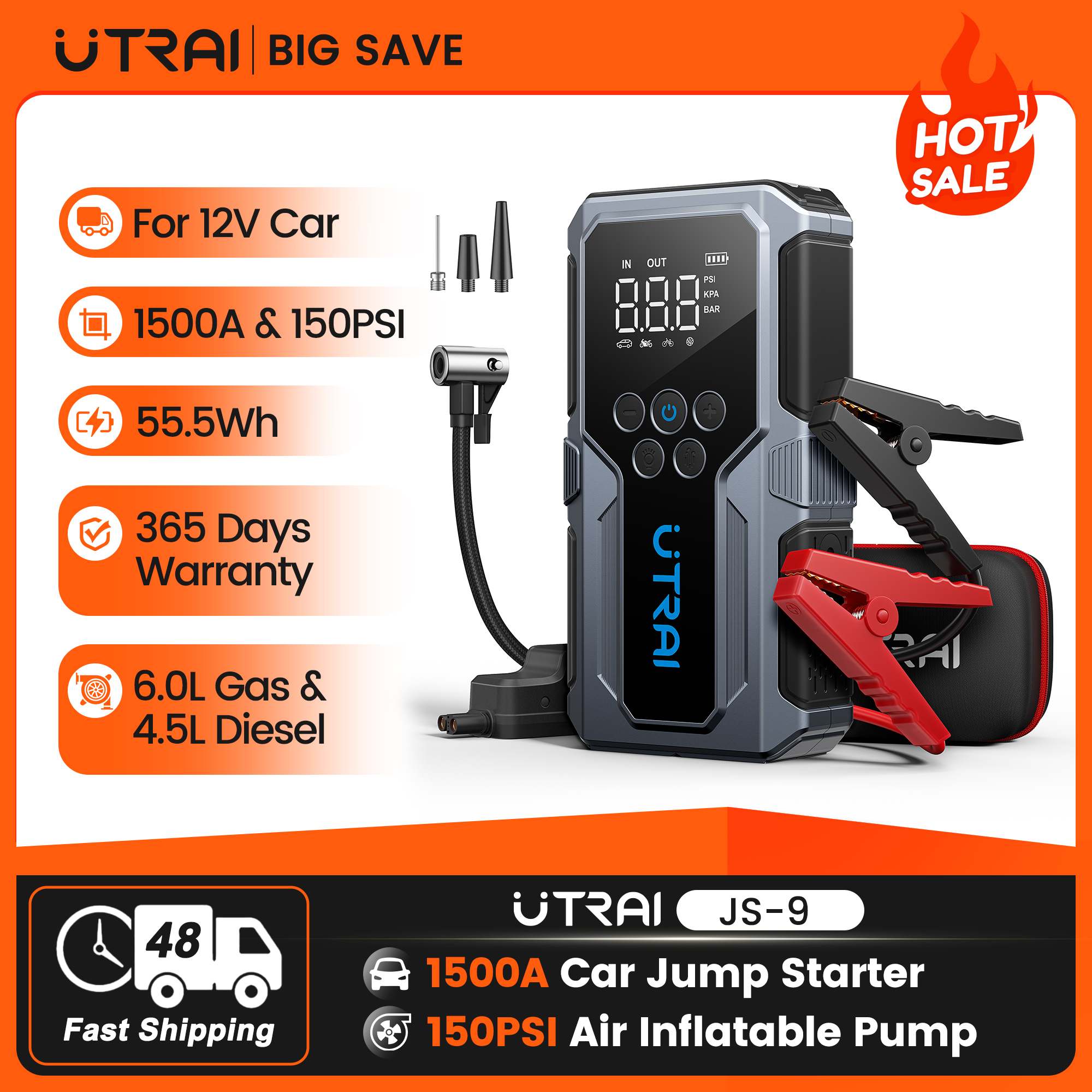UTRAI 4 で 1 1500A ジャンプスターター JS-9 12V 車 150PSI 空気インフレータブルポンプ空気圧縮機ポータブル電源銀行緊急ブースター