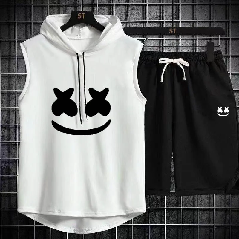 ブランド夏のメンズ 2 点セット CasualT シャツとショーツセットメンズスポーツスーツファッション半袖トラックスーツフード付き Tシャツ