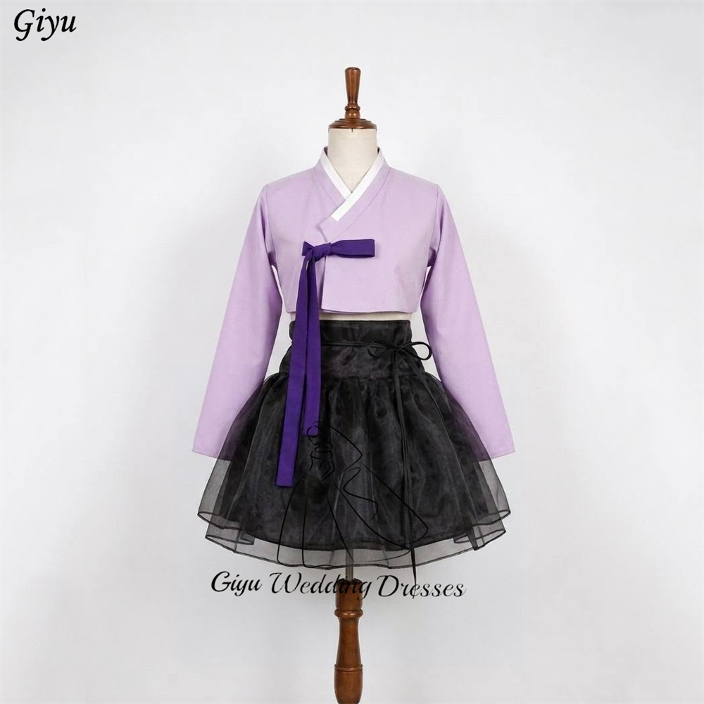 Giyu 紫と黒のモダンな韓服ウエディングドレスミニセット女性長袖クロップトップ 2 個韓国の妖精パーティードレスカスタマイズ