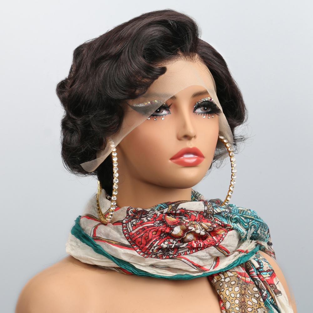 PixieCut ウィッグ 人毛 13X4 ローズカーリーショート人毛ウィッグ ナチュラルカラー HD レースフロンタルウィッグ カーリー人毛ウィッグ 女性用 200% 密度