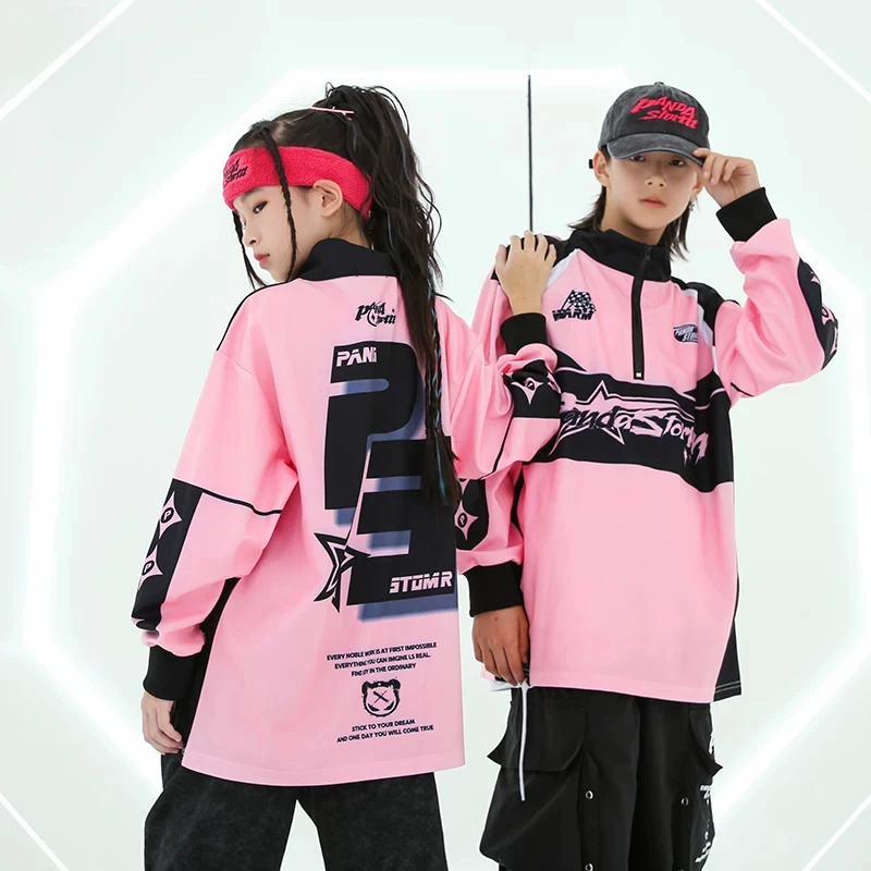 ティーンエイジャーのストリートダンスヒップホップの服セット男の子ピンク長袖トップ黒パンツ女の子ジャズモダンダンスパフォーマンス衣装