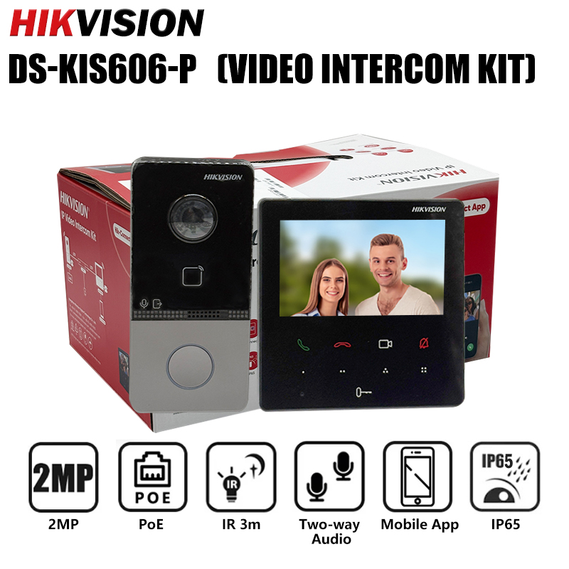 Hikvision 4.3 インチ 2MP IP ビデオインターホンドアベルキット双方向オーディオ PoE レインカバー IC カード DC 電源スマートホーム DS-KIS606-P