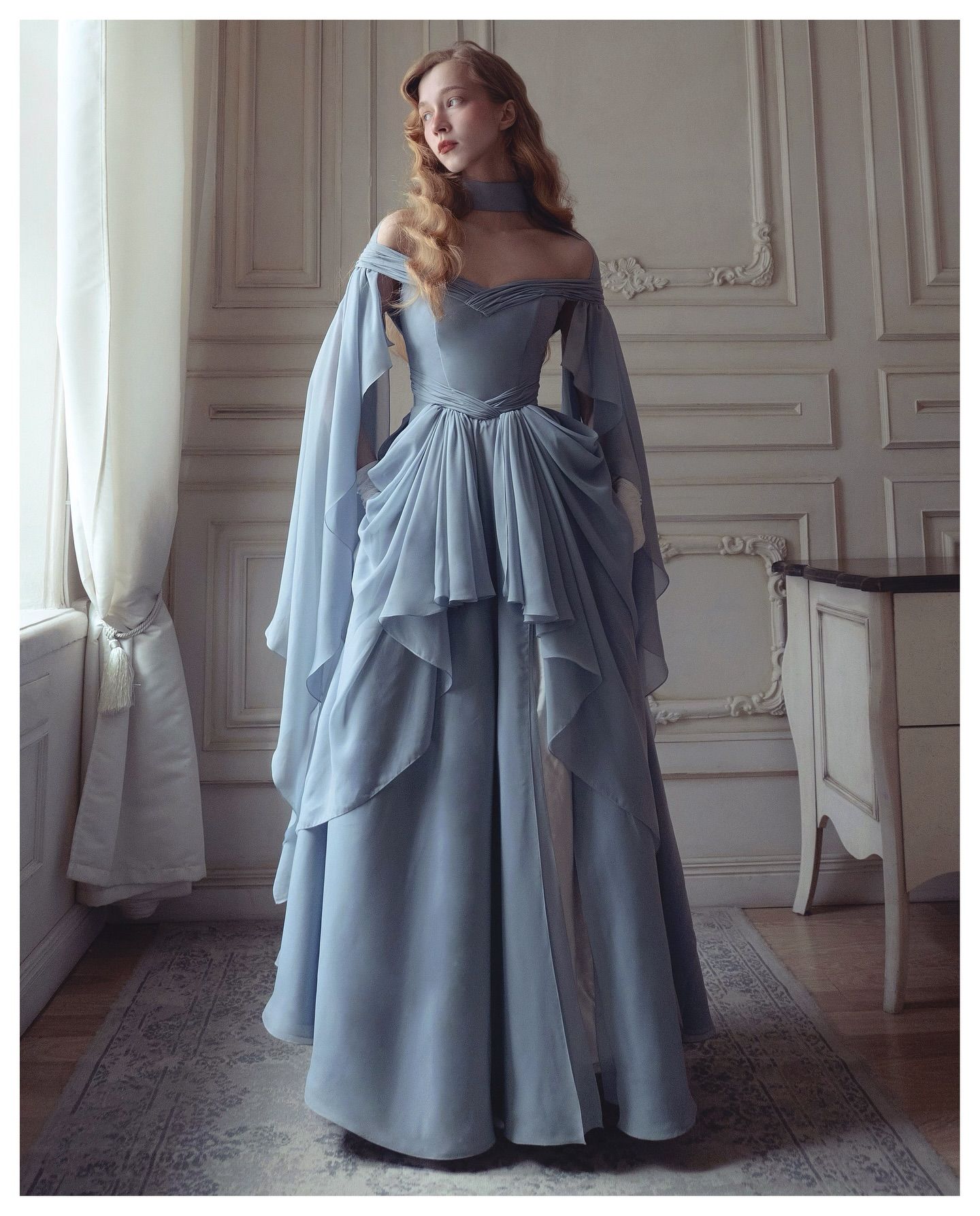 モダンスカイブルーシフォンオフショルダーイブニングドレスプリンセス A ラインフリルフォーマルカクテルプロムパーティー Vestidos カスタマイズ