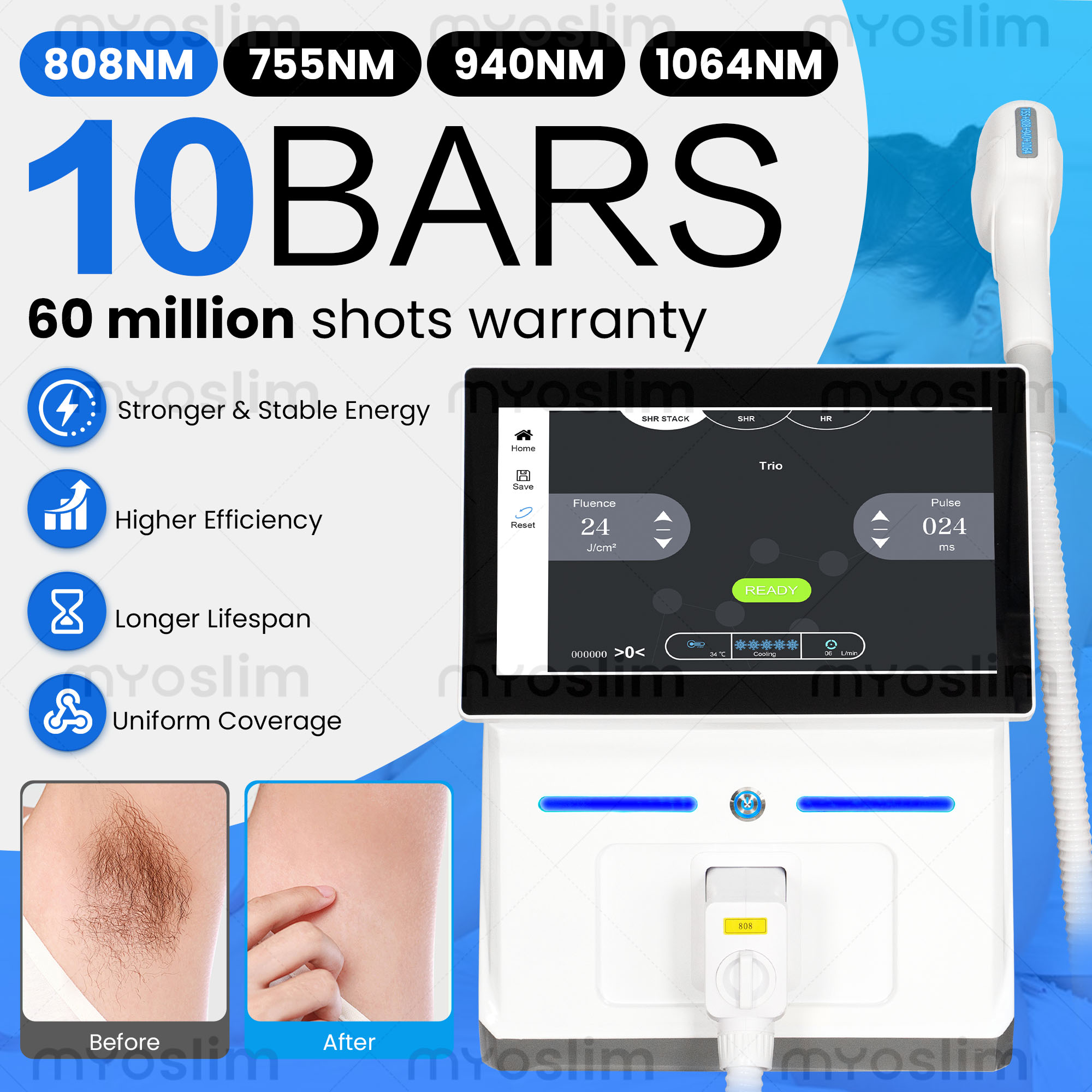 5000W Diode Hair Removal Machine FAC 10 Bars 4 Wavelength 755 808 940 1064Nm Ice Cooling Painless Depilation Equipment