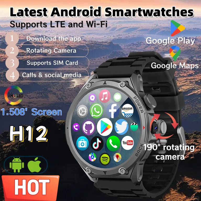 最新モデル H12 スマートウォッチ 4G SIM カード Android 180°回転可能カメラ Google Play 1.508'AMOLED GPS WIFI アプリダウンロード メンズ