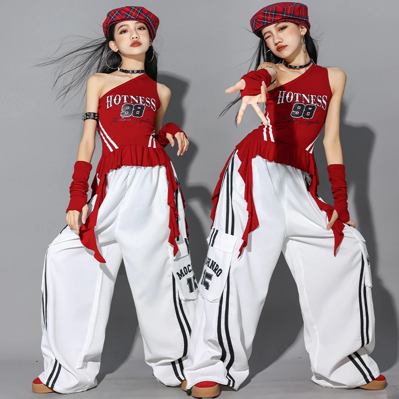 ヒップホップ子供クロップトップストリートダンスルーズ白パンツガールズステージストリート子供ジャズ衣装ガールグループティーン服セット