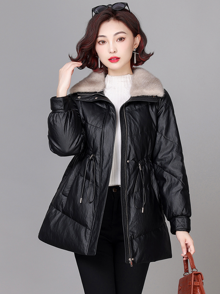 本革の毛皮の首輪女性のダウンジャケット韓国 Sle ミッドレングススリムフィット冬コート eepskin コートミンクの毛皮の首輪