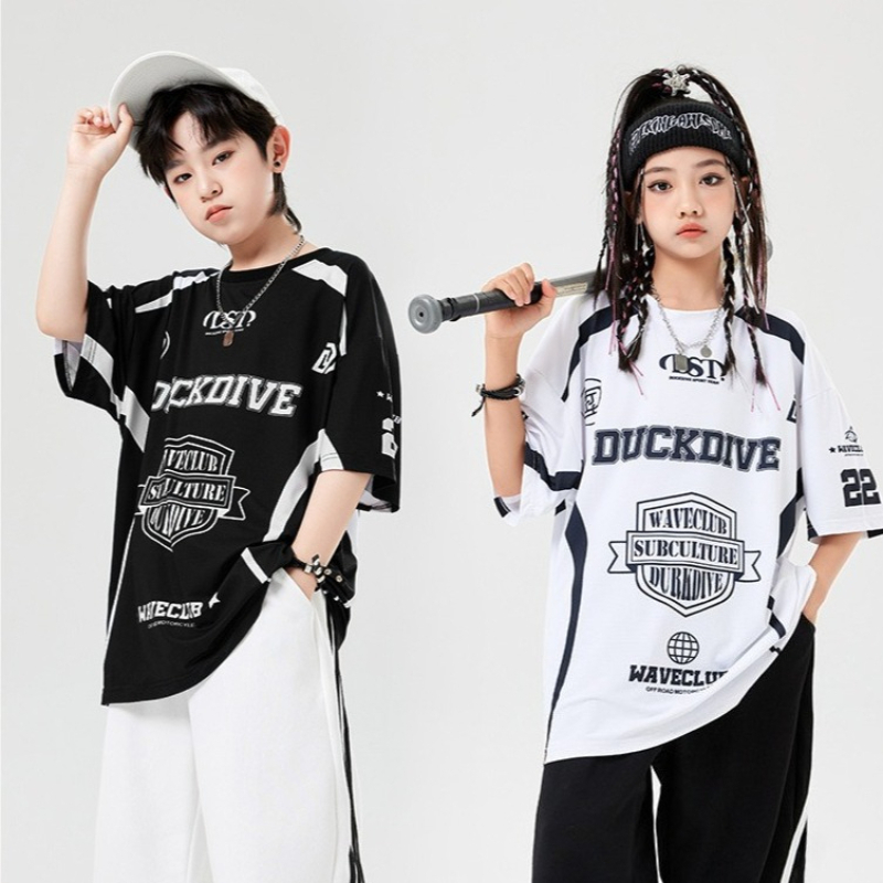 ファッションヒップホップダンス衣装男の子夏の女の子レター半袖 Tシャツストリートウェアグループステージパフォーマンス服