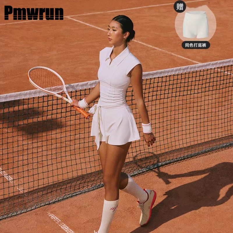 PMWRUN 女性テニスドレスノースリーブネクタイウエスト内蔵ショーツソフト伸縮性テニスゴルフピックルボールトレーニングウェア