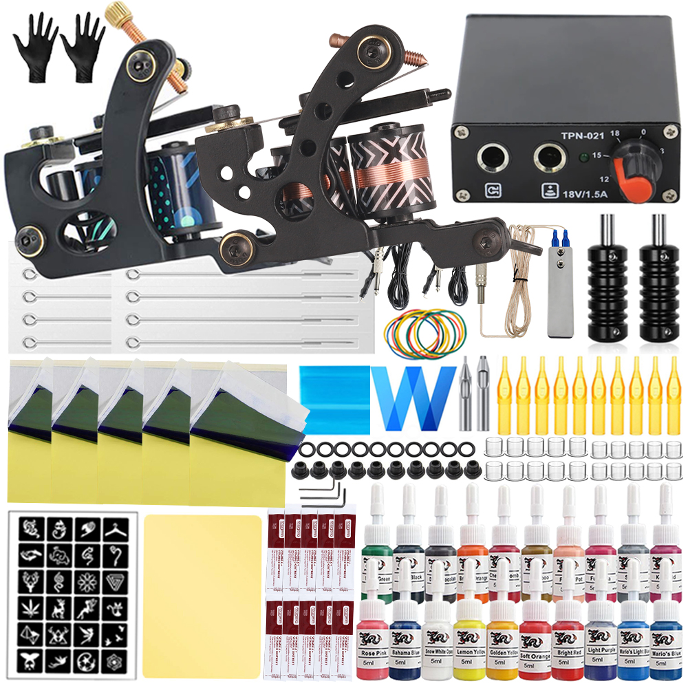 Complete Coils Tattoo Machine Kit Tattoo Machine Gun Ink Set Power Supply Grips Body Art Tools Set Permanent Makeup Tattoo Set