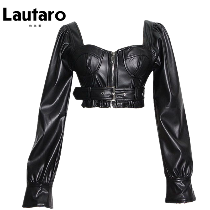 Lautaro Y2k 黒フェイクレザークロップトップ女性スクエアネック長袖ジッパークロップジャケット 2021 セクシーな背中の開いたファッション 5xl 6xl