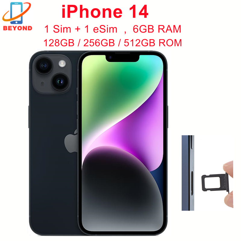 iPhone 14 国際バージョン 1SIM 1eSIM 128/256GB ROM 6GB RAM 6.1" 本物の Super Retina OLED フェイス ID NFC A15 5G 98% 新品