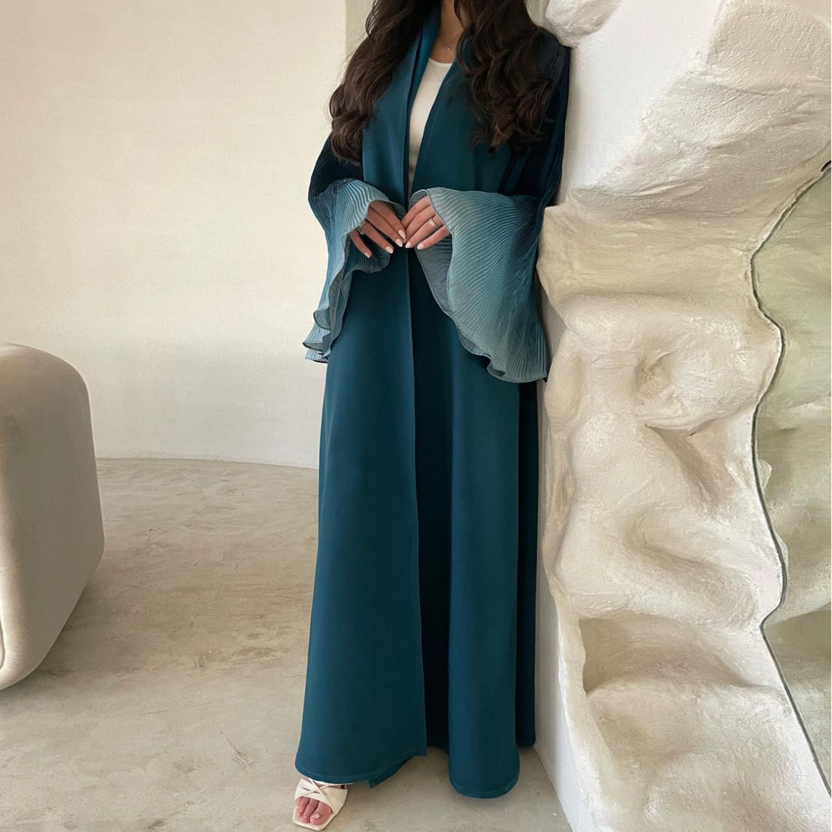 オープンフロントアバヤイスラム教徒フレアスリーブカジュアルアラビアアバヤ中東エレガントなトルコカフタン女性 Jilbabs イスラムマキシドレス
