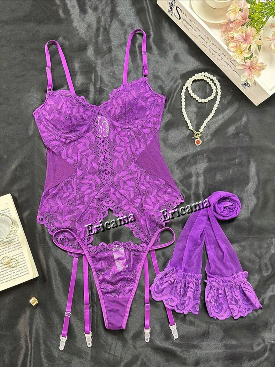 ランジェリー ファンシー セクシー レースの下着 3 ピース透明スプライス ブラジャーとパンティ セット ガーター親密なセクシーな女性の下着ランジェリー