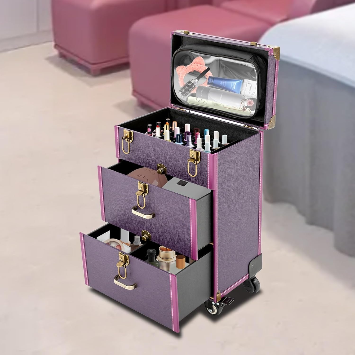 ローリングメイクアップトロリーケース 引き出し付き プロフェッショナルアルミニウム合金化粧品ケース トロリーメイクアップトレインケース ホイール付き マニキュア化粧品オーガナイザー 美容師用旅行カートトランク パープル