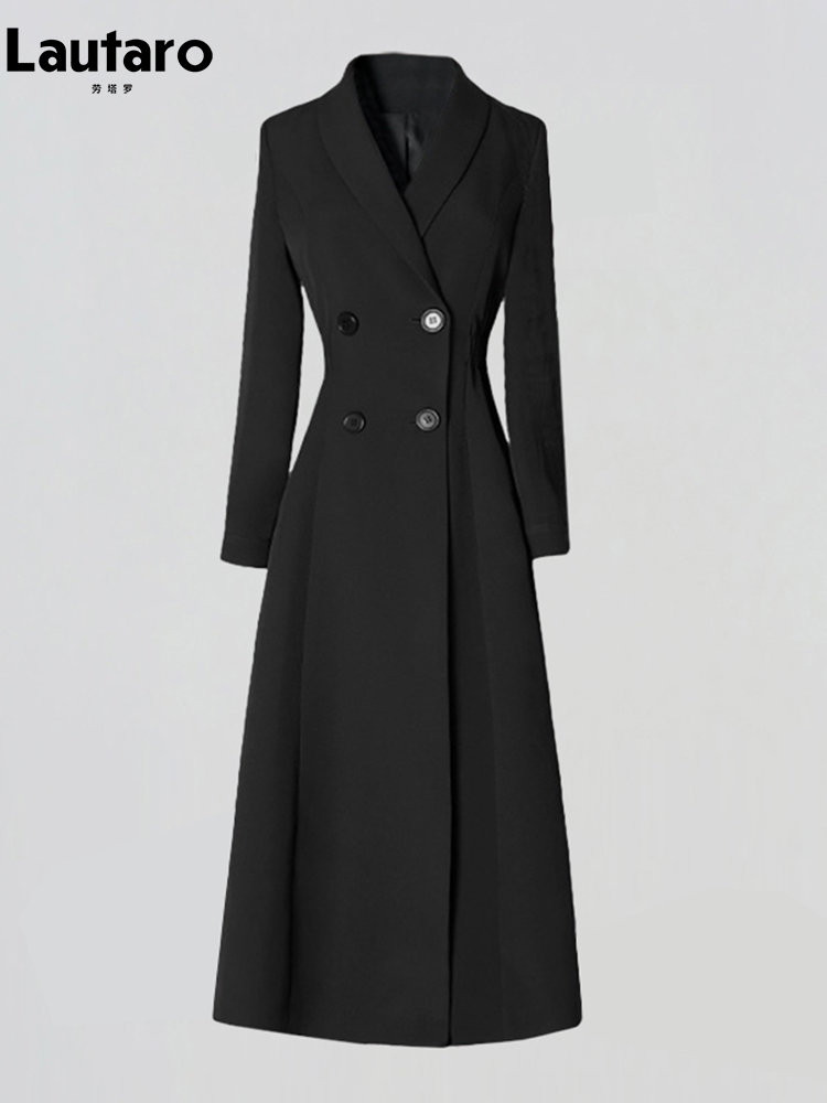 Lautaro-ロングブラックフィットトレンチコート、女性用、シックスタイリッシュ、シングルブレスト、高級デザイナー服、春、エレガント