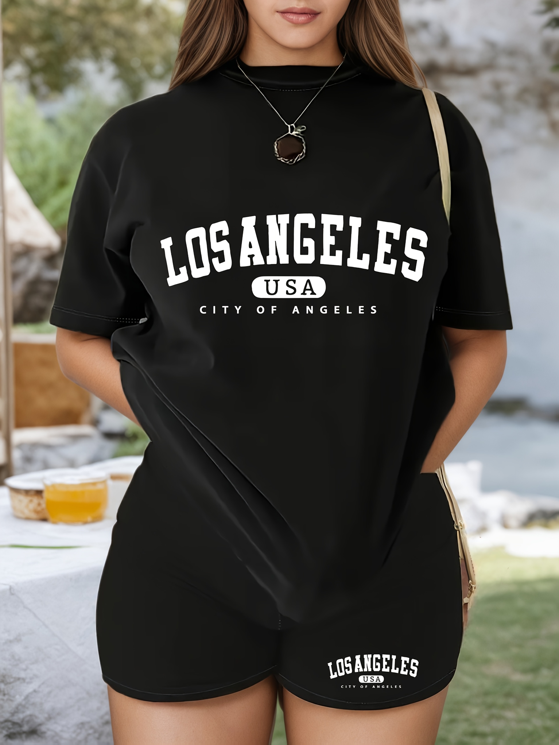 プリント2点セット、レディースカジュアルラウンドネック半袖Tシャツとショートパンツ、女性用夏服