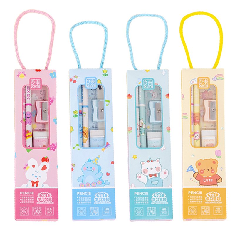 28 セット 5 で 1 かわいい漫画鉛筆セットポータブル文具セット子供のためのギフト鉛筆消しゴム削り定規学用品