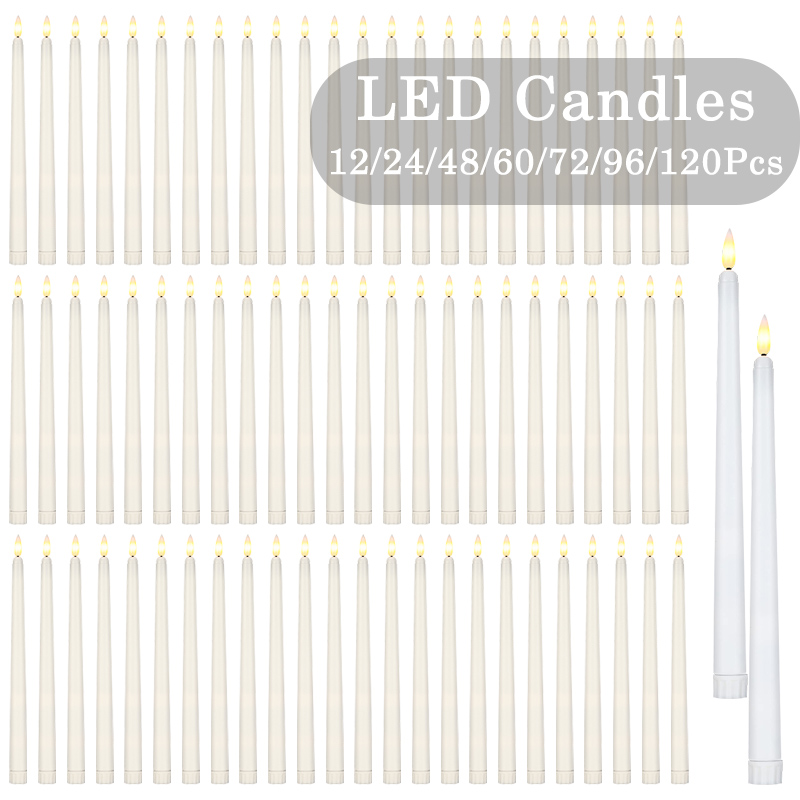 12-120個のLEDテーパーキャンドル、ちらつき炎付きフレームレス電池式キャンドル、結婚式、バレンタインディナー装飾用