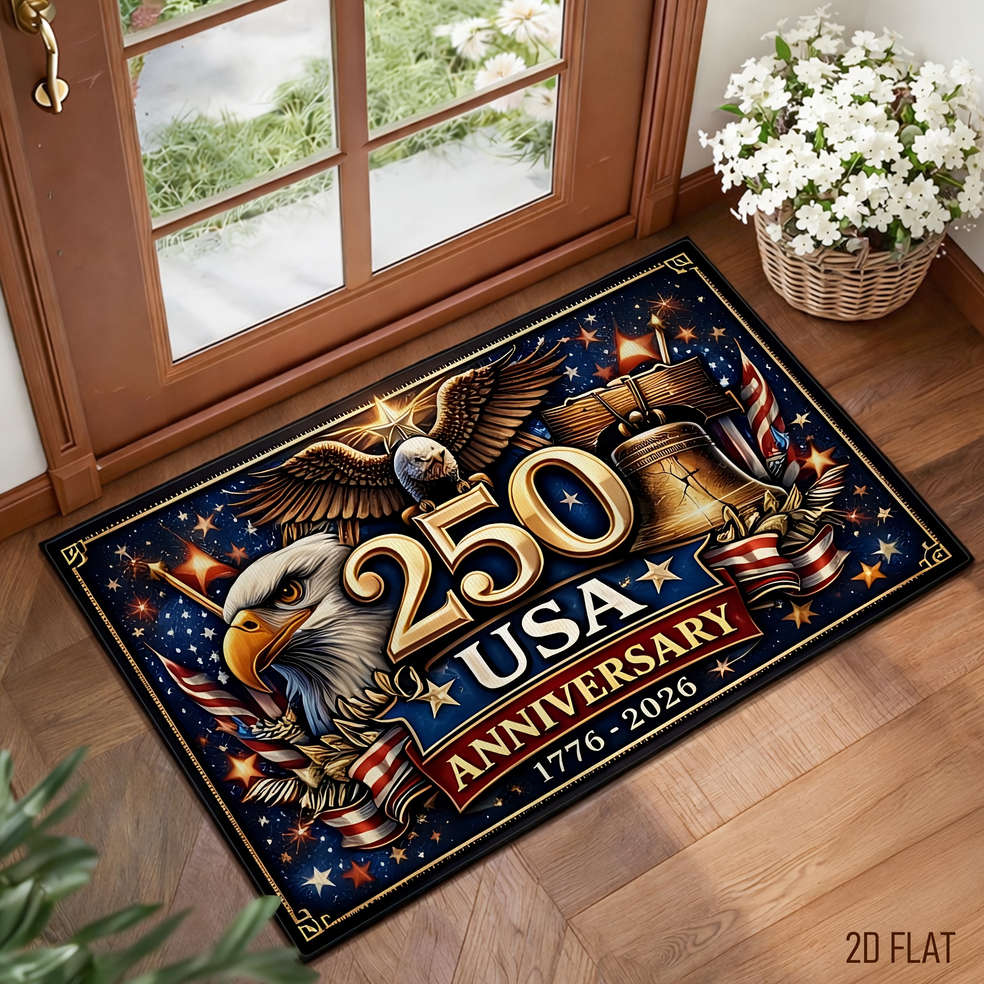 アメリカ建国250周年記念玄関マットヴィンテージイーグル愛国ラグ2Dフラットノンスリップウェルカムマット屋外玄関装飾用