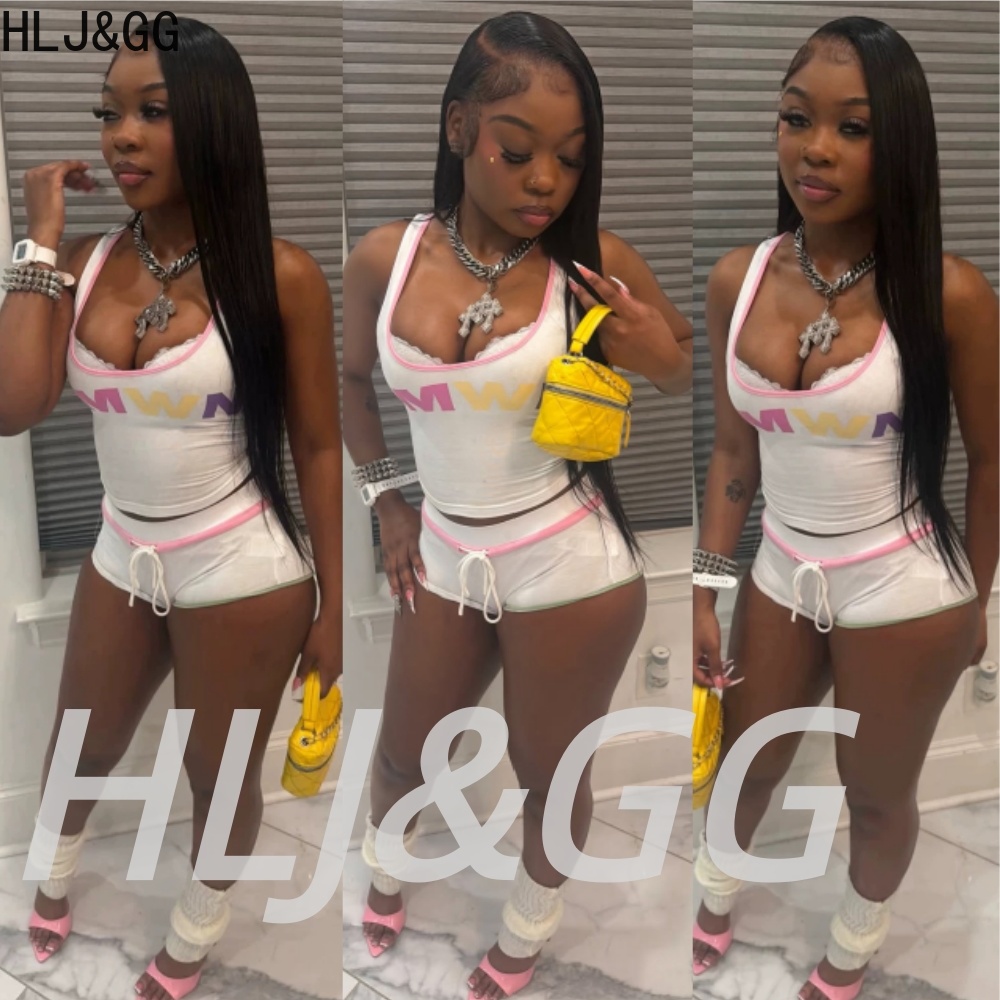 HLJ&GG White Summer Letter Print Two Piece Sets Women Sleeveless Backless Slim Tank Top And Drawstring Shorts Outfits Streetwear