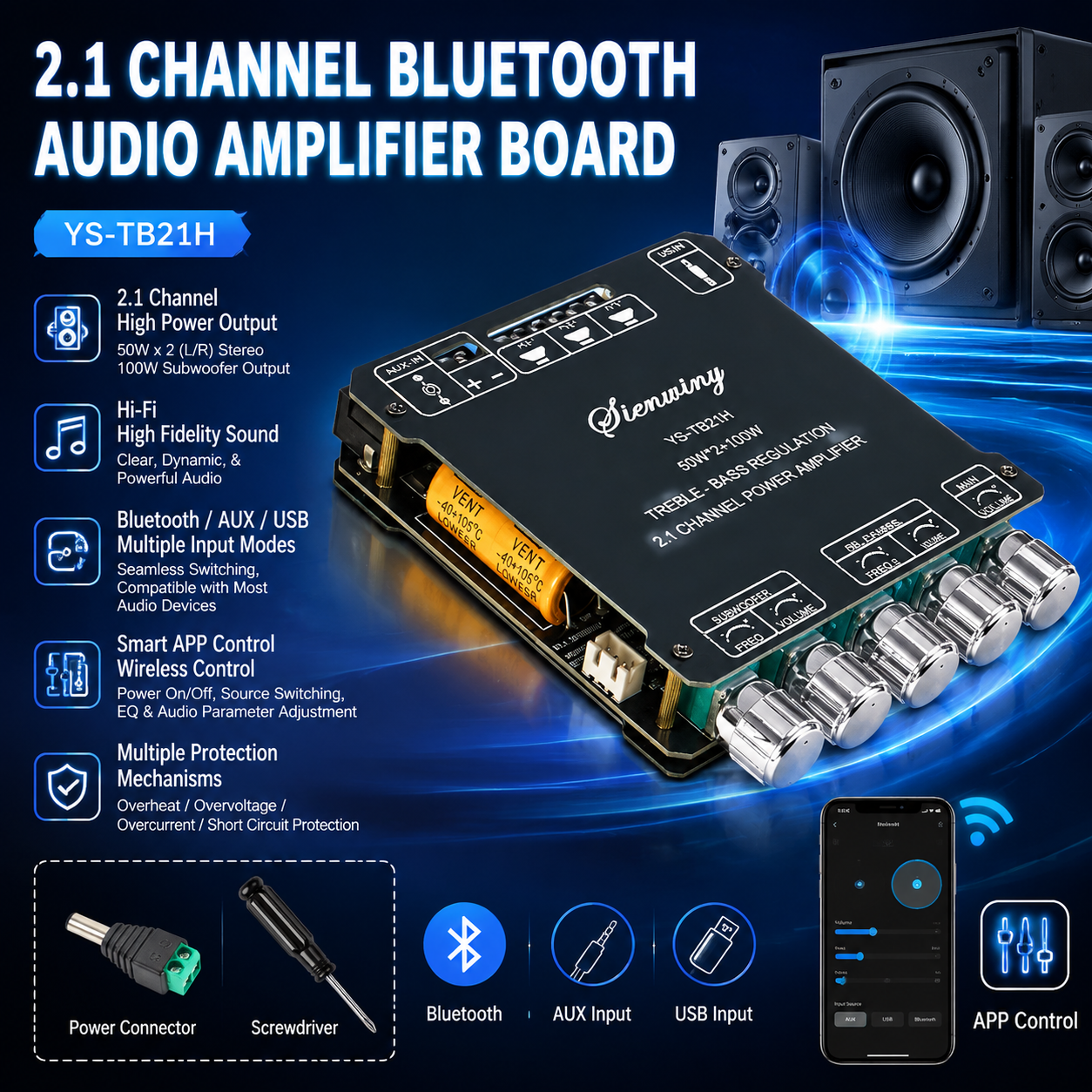 YS-TB21H 2.1CH Bluetooth アンプボード 200 ワットクラス D 50 ワット * 2 100 ワットサブウーファー低音高音 USB アプリマイク KTV DC12-24V HiFi DIY スピーカー