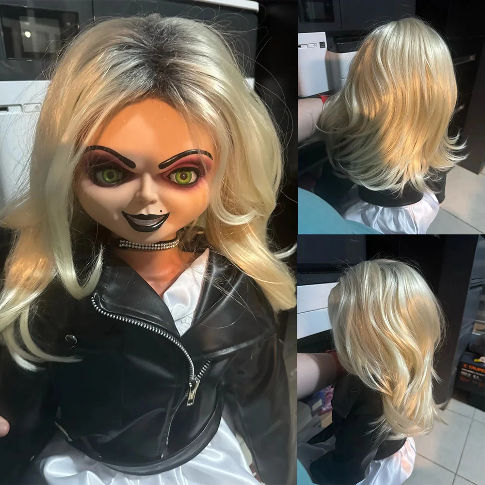プレミアム人工毛ブロンドウィッグ人形用チャッキーの花嫁コスプレウィッグサイド前髪付きロングカーリーブラックルーツナチュラルストレート