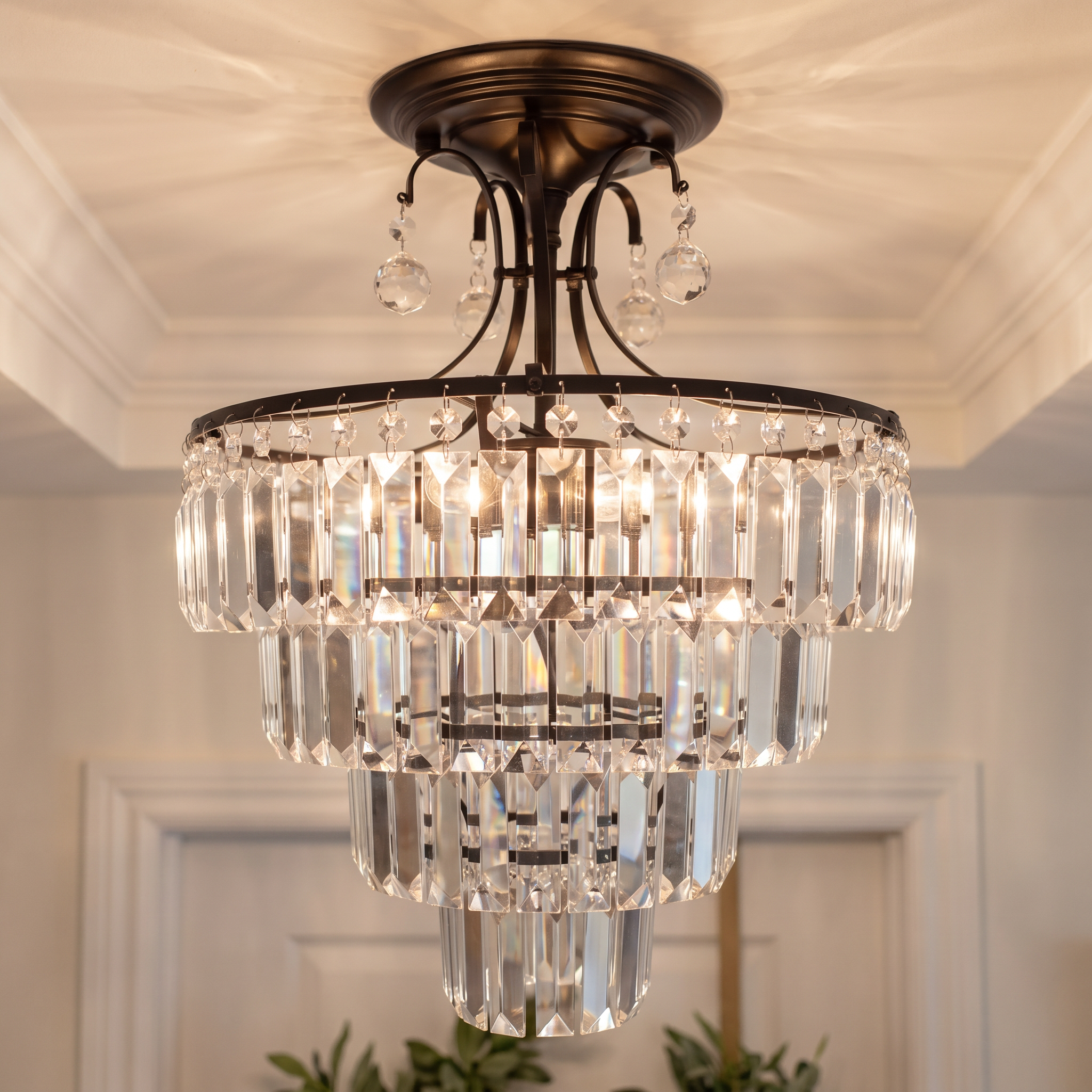 Modern Black Crystal Chandelier, Round Semi-Flush Mount 3-Tier Waterfall K9 Crystal Light Fixture for Kitchen Island Dining Room Living Room Bedroom Hallway