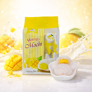DAI LONG Mango Mochi, filled with fruit cream and topped with coconut, is perfect for breakfast, afternoon snacks, and parties
