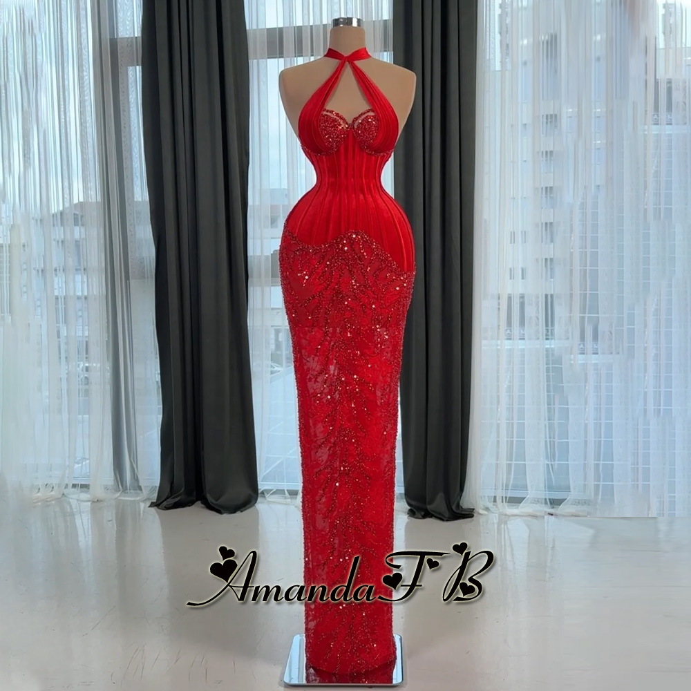 アマンダ魅力的なホルターイブニングドレススパンコールレースアップリケマーメイドプリーツ特別な日のドレス Vestidos デ · フェスタカスタマイズ