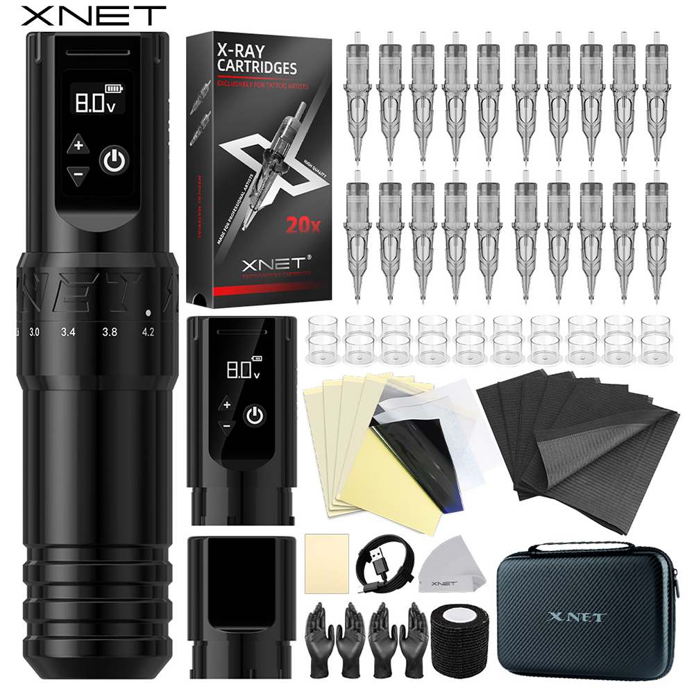 XNET T1 ワイヤレスタトゥーマシンペンフル完成キット調整可能なストロークカスタムモーターメイクアップペン 20 個カートリッジタトゥーアート