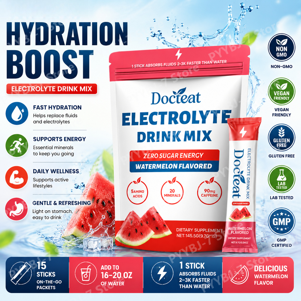 糖質ゼロのスイカ電解質パウダー、カフェイン90mg、アミノ酸、ミネラル、ビタミンがエネルギー補給を提供 15スティック