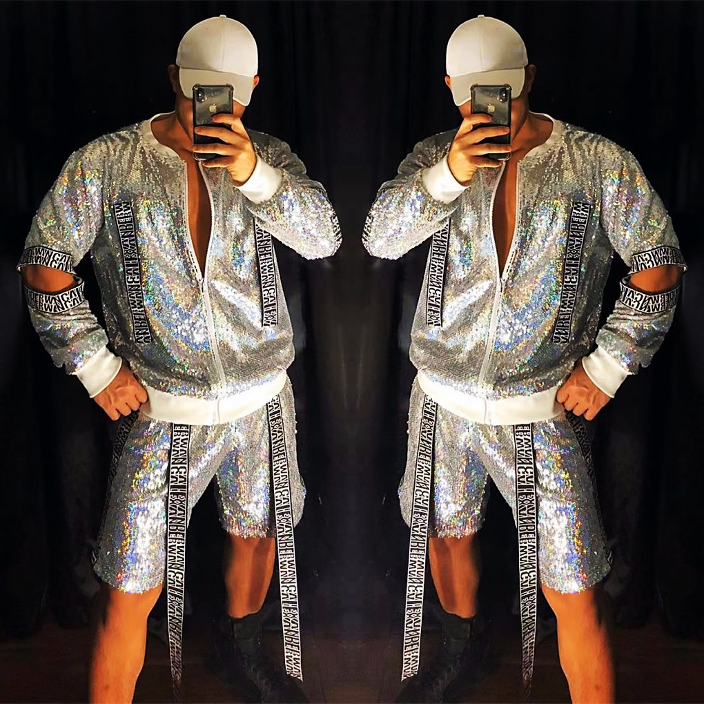 成人男性スパンコールジャズダンス衣装シルバーヒップホップストリートダンスパフォーマンス服レタージャケットパンツナイトクラブステージ着用