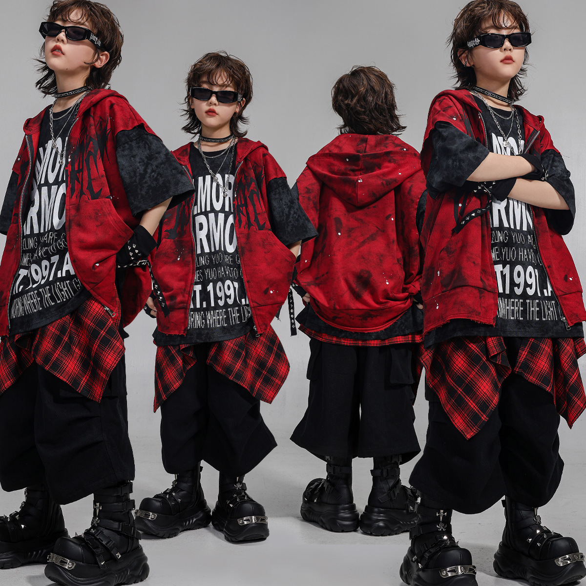 新しい男の子ヒップホップダンス衣装赤フード付きベスト黒ショーツグループストリートファッションジャズステージパフォーマンス絶賛服セット