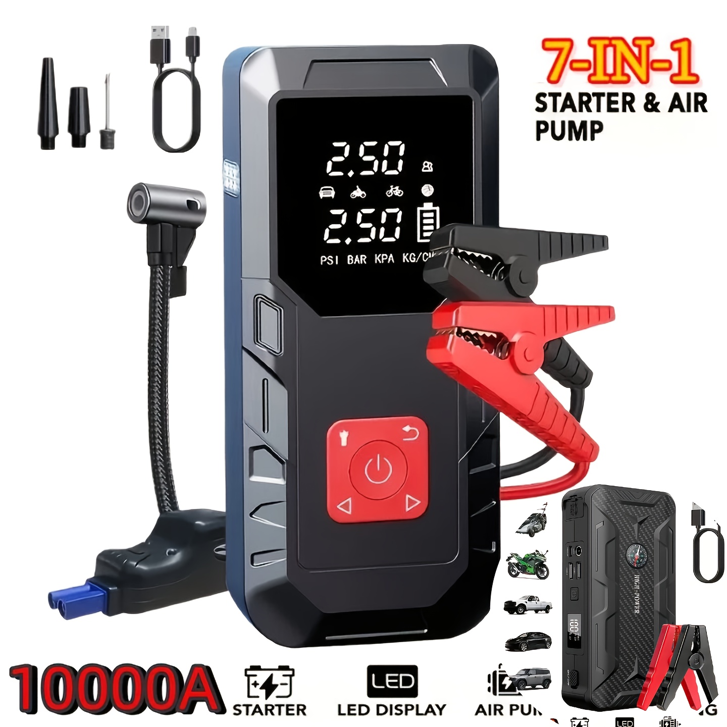 10000A ポータブルカージャンプスターター オプション 10000A ポータブルカージャンプスターター (350PSI タイヤインフレーター付き) 9-in-1 車バッテリー充電器ジャンプスターターアクセサリーとツール LED ライト USB Type-C および出力インテル