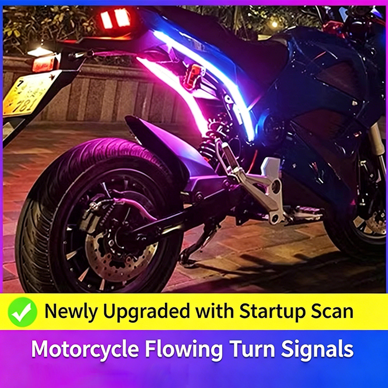 オートバイシーケンシャル流れるターンシグナルライトストリップ、スタートアップスキャン付きLEDリアテールライト、アンバー修正雰囲気ライト