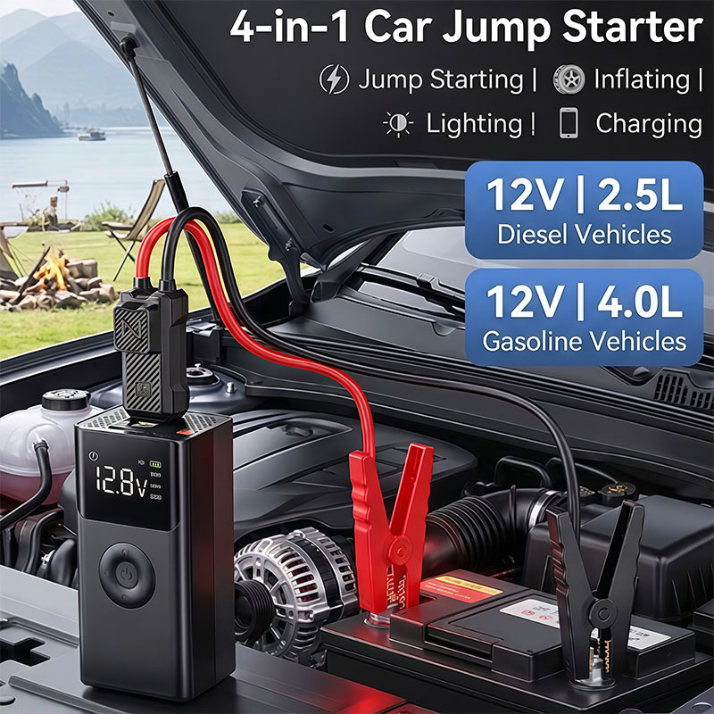 12V 車のジャンプスターターとエアコンプレッサーピーク 600A 自動車バッテリーブースターエアポンプポータブル電源銀行タイヤインフレーター LED 照明