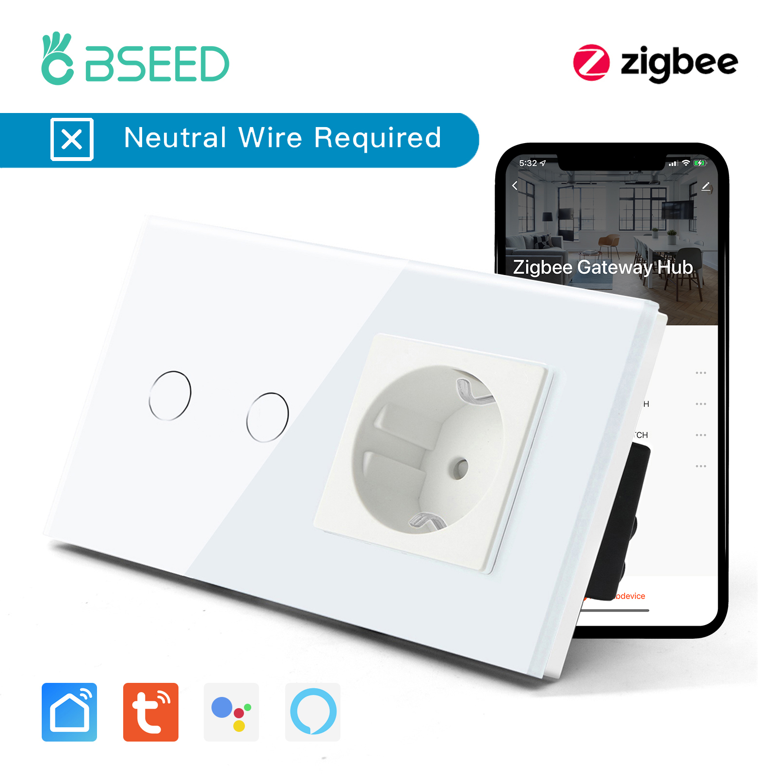 BSEED Zigbee スイッチ 1/2/3Gang スマートセンサースイッチ Tuya スマートライフコントロール中性線なし EU 壁ソケット Wifi なし