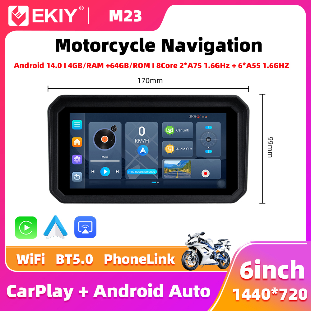 EKIY Android 14.0 ワイヤレス CarPlay Moto Android Auto 6 "ポータブルデジタルオートバイダッシュボード GPS オートバイナビゲーション画面