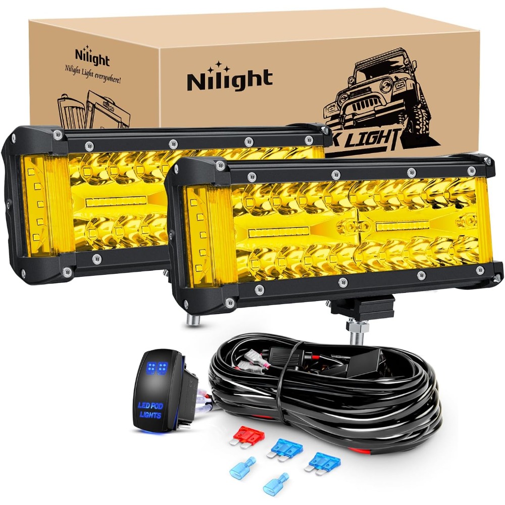 Nilight 7インチ 2個 サイドシューター LED ライトバー フラッドコンボ 5ピンロッカースイッチ付き 配線ハーネスキット ボート オフロード トラック SUV用
