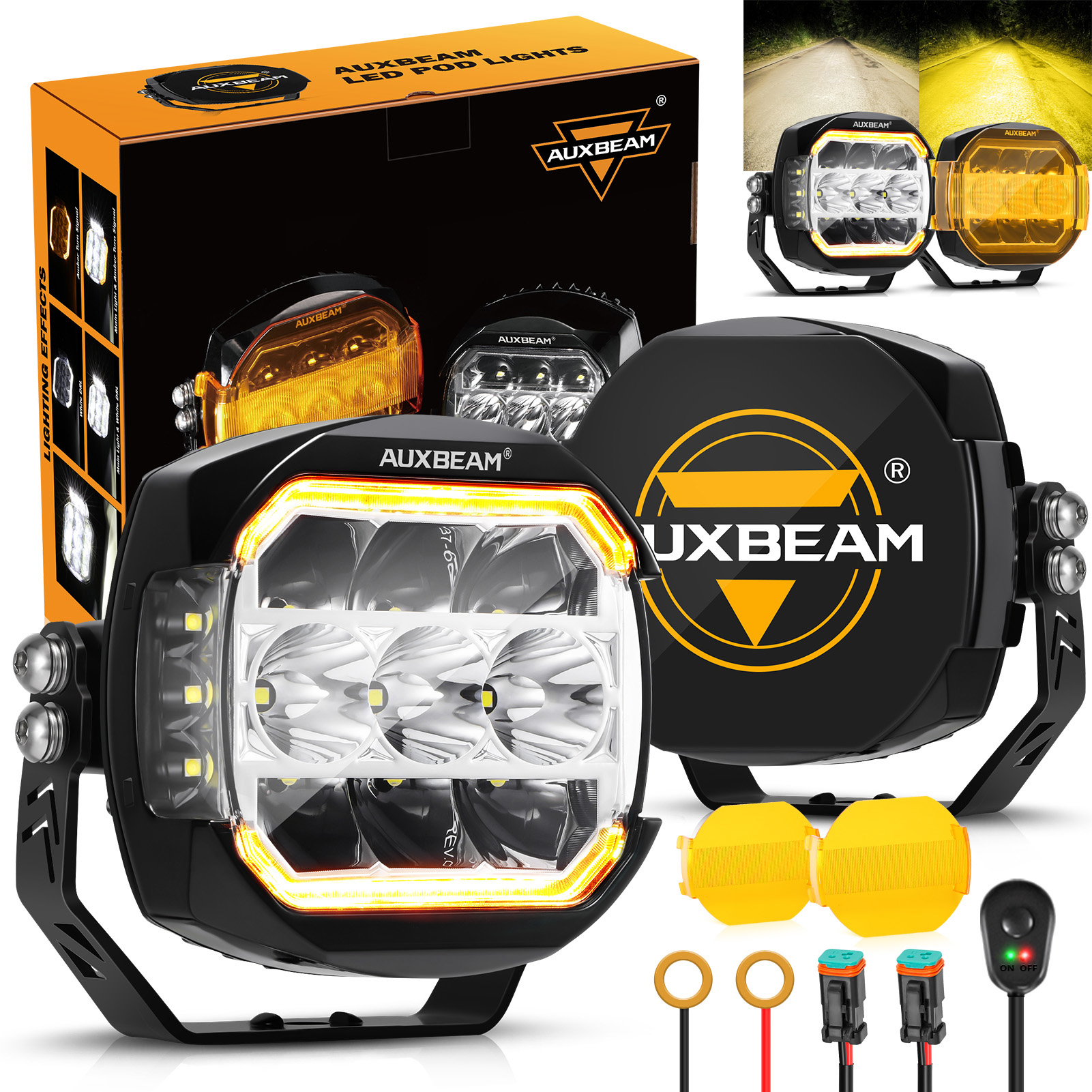 AUXBEAM 3/5 インチ 2 個 LED ワークライトポッドスポットフラッドコンボドライビングライト DRL ターンシグナルランプ LED ドライビングポッドライト