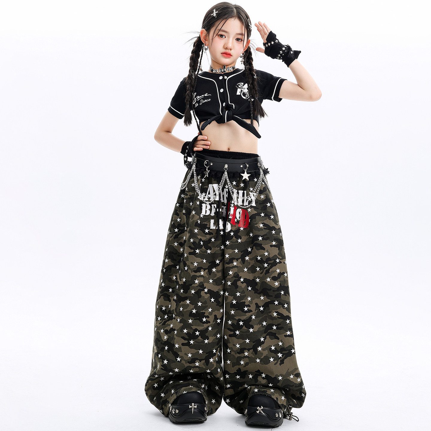 Kid Kpop Hip Hop Clothing Black Crop Baseball Shirt Top Casual Camo Stars Print Wide Pants for Girl Street Dance Costume Clothes