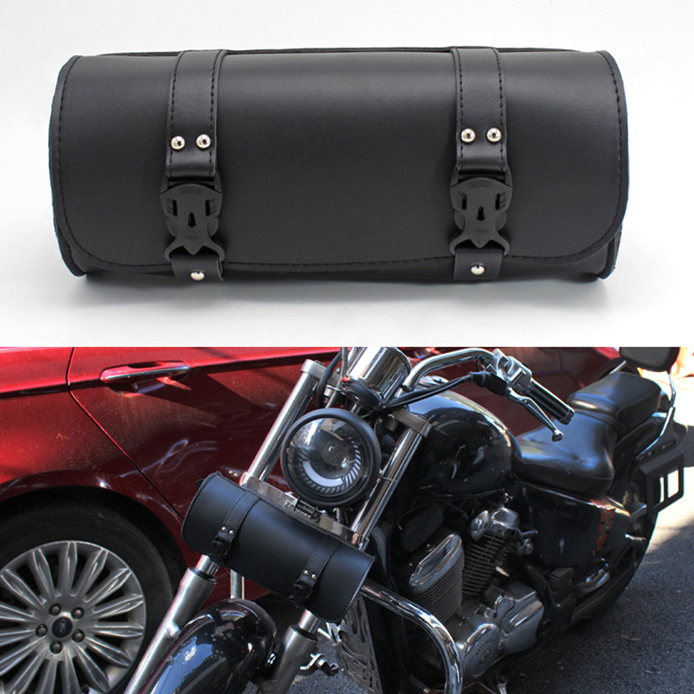 黒オートバイフロントフォークツールバッグ収納荷物袋レトロサドルバッグカフェレーサーホンダスズキカワサキ用