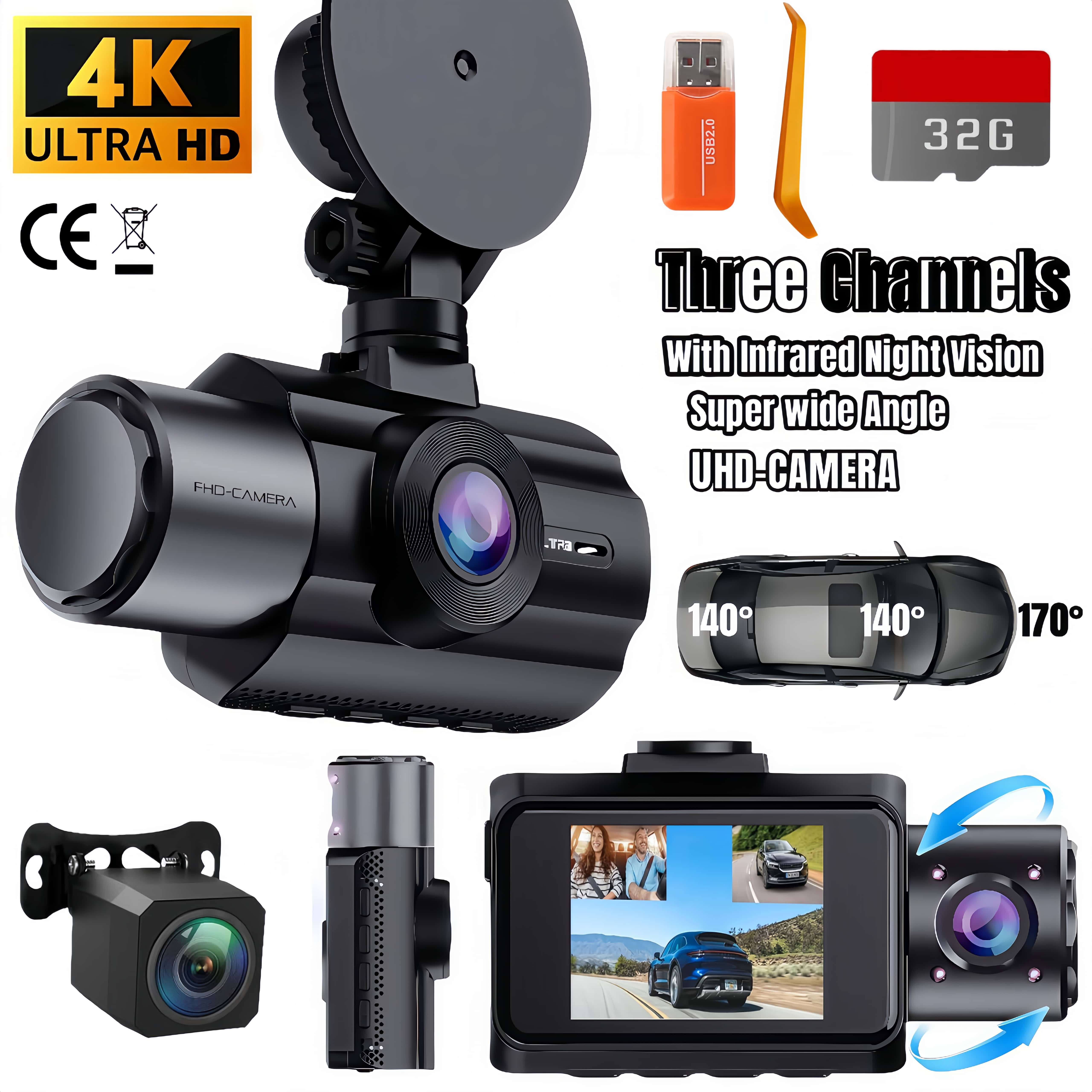 3 チャンネル車 DVR UHD 4K ダッシュカム 3 ウェイ カメラ DVR レコーダー ビデオ レジストレーター ダッシュカム ビデオカメラ 32G カード付きギフト