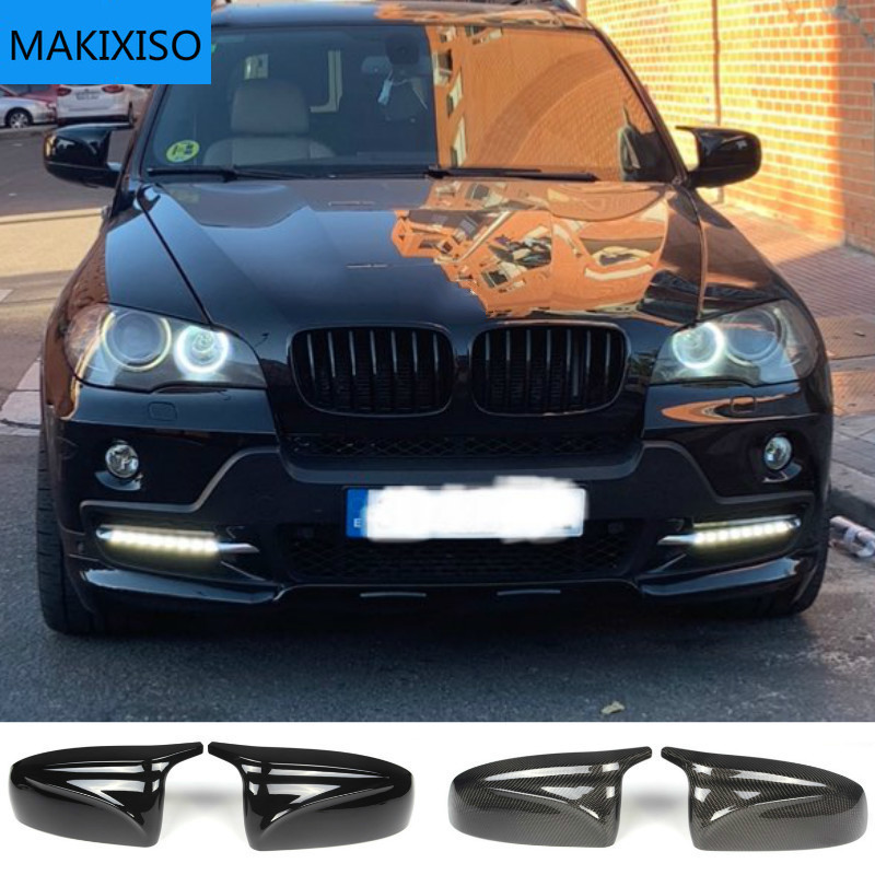 2 個サイドウイングバックミラー修正された車のスタイリング明るい黒の炭素繊維パターンミラーカバーキャップ BMW X5 E70 X6 E71 2008-2013